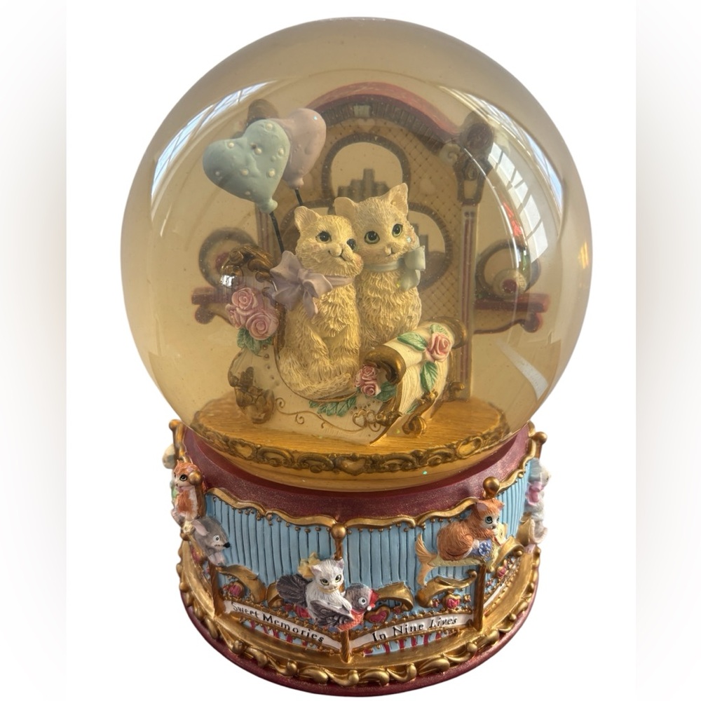 The San Fran Music Box Cat Carousel Nine Lives  8" Water Globe Marjorie Sarnat